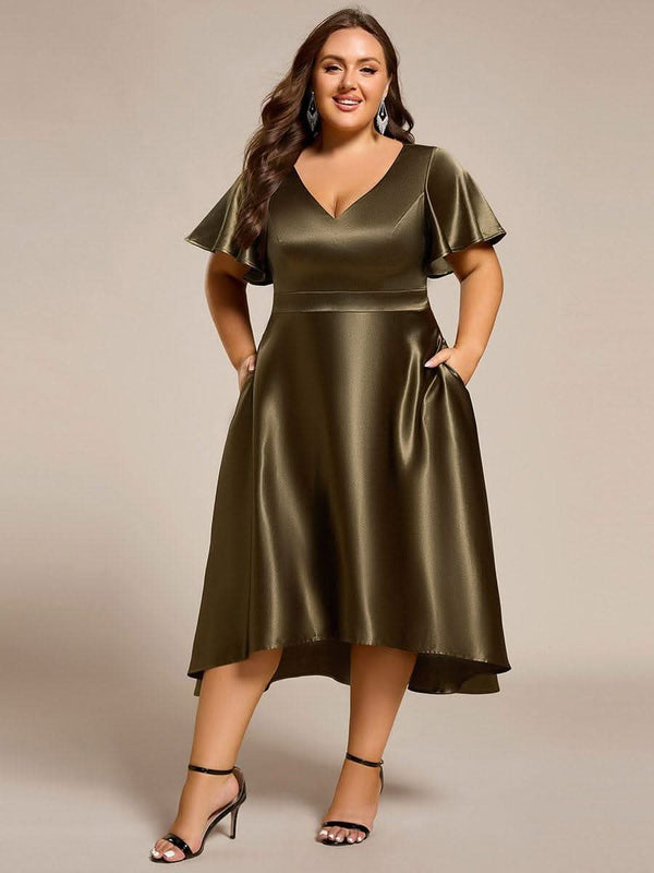 V-neck High-Low Satin Wedding Guest Dress with Pockets #color_Copper ever SCARLEN|V-neck High-Low Satin Wedding Guest Dress with Pockets