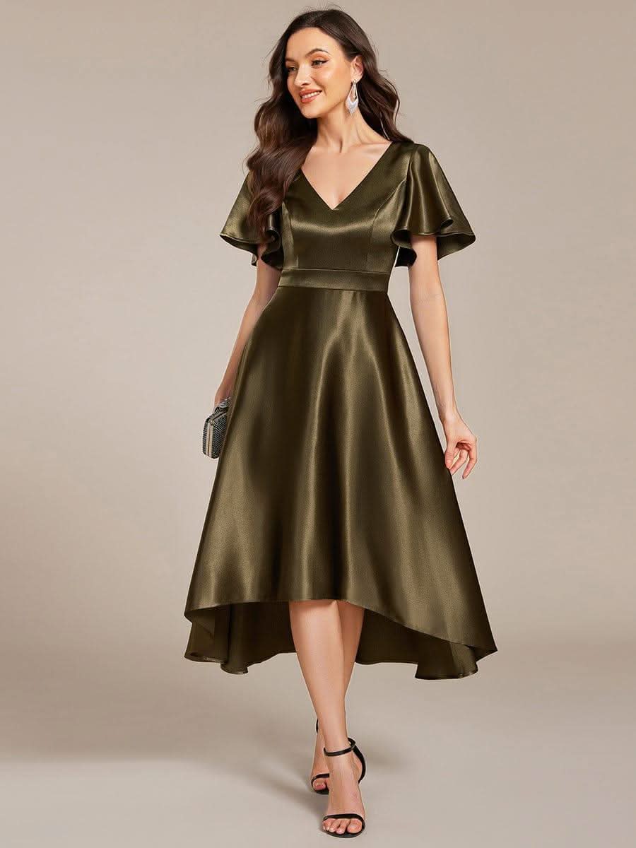 V-neck High-Low Satin Wedding Guest Dress with Pockets #color_Olive Green