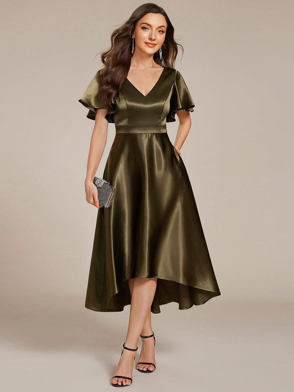 V-neck High-Low Satin Wedding Guest Dress with Pockets #color_Copper ever SCARLEN|V-neck High-Low Satin Wedding Guest Dress with Pockets
