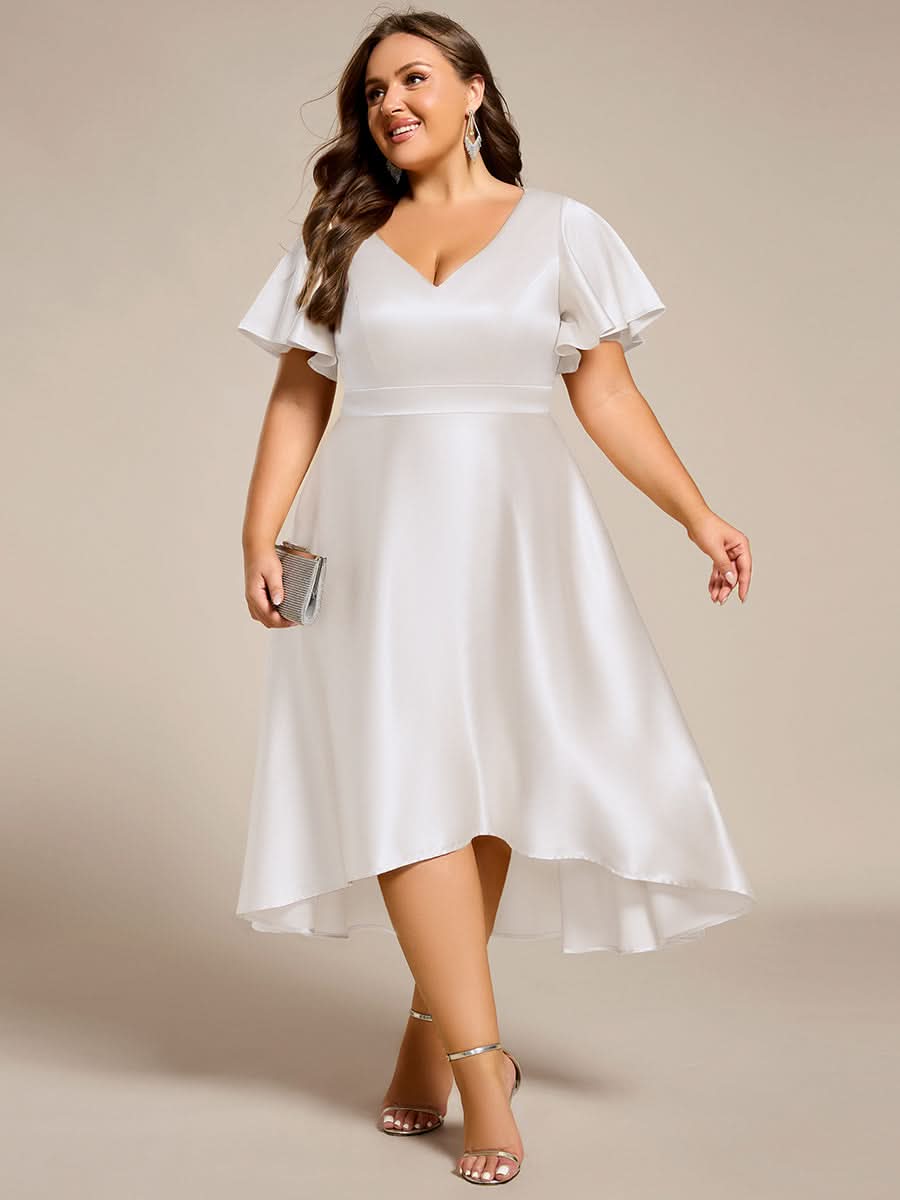V-neck High-Low Satin Wedding Guest Dress with Pockets #color_White