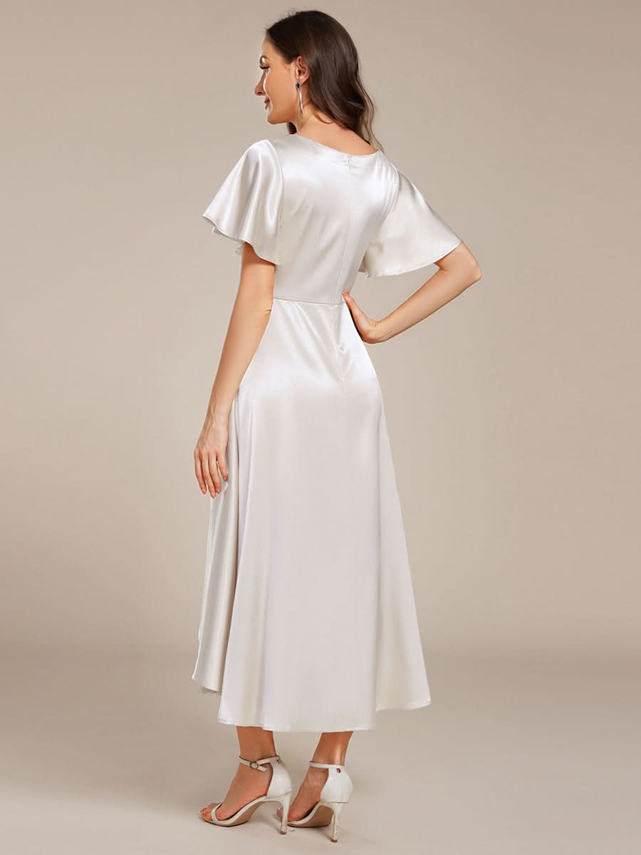 V-neck High-Low Satin Wedding Guest Dress with Pockets #color_White