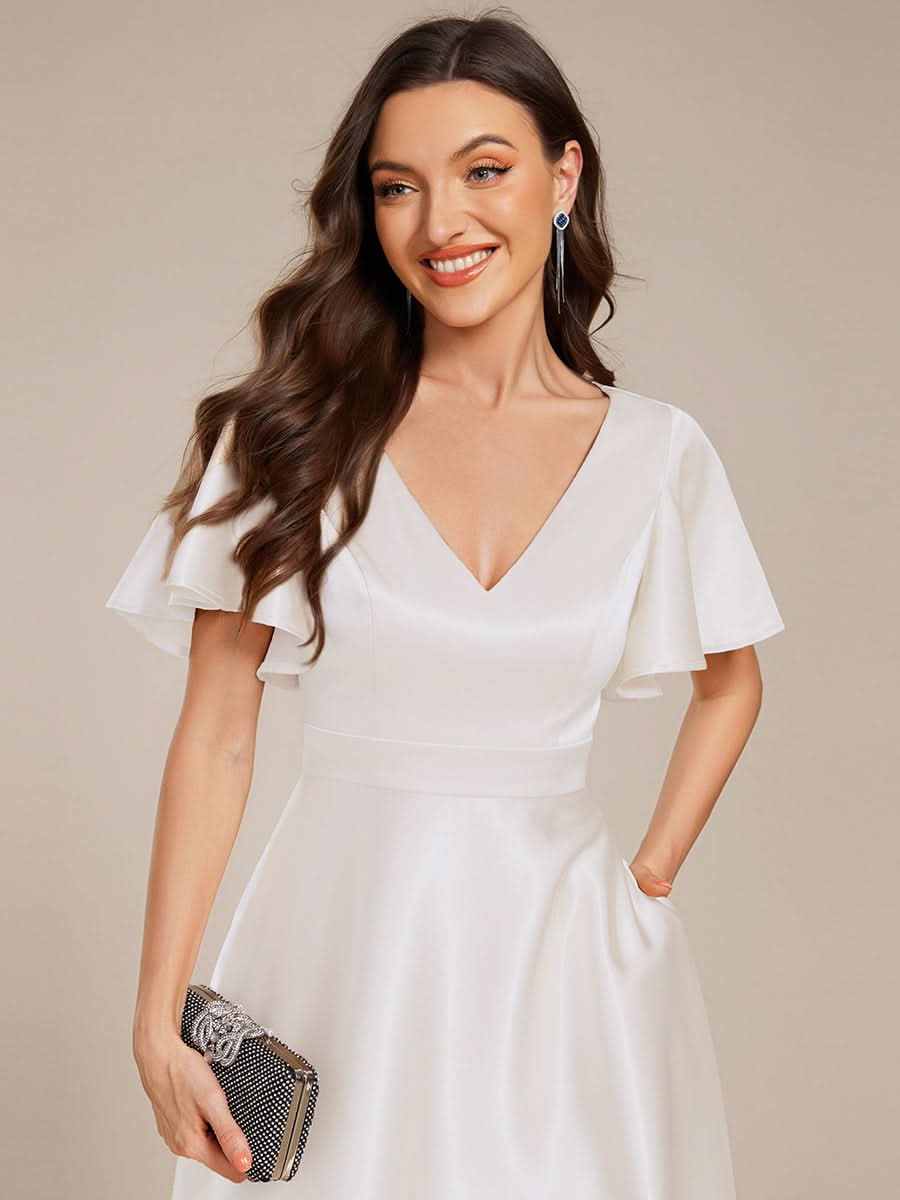 V-neck High-Low Satin Wedding Guest Dress with Pockets #color_White