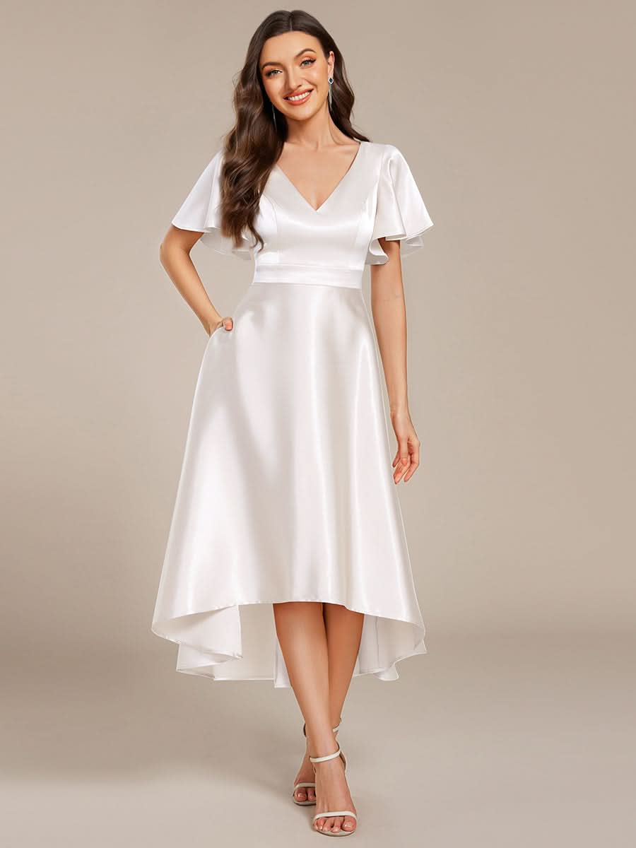 V-neck High-Low Satin Wedding Guest Dress with Pockets #color_White