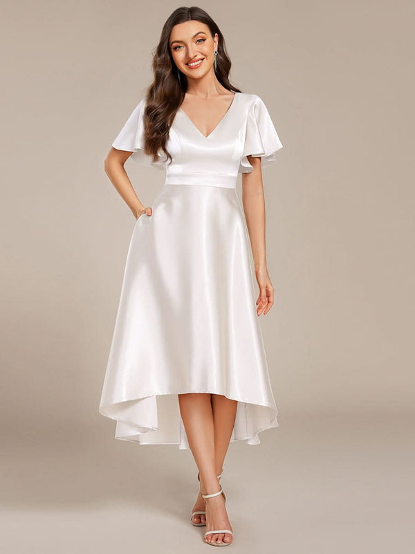 V-neck High-Low Satin Wedding Guest Dress with Pockets #color_Copper ever SCARLEN|V-neck High-Low Satin Wedding Guest Dress with Pockets