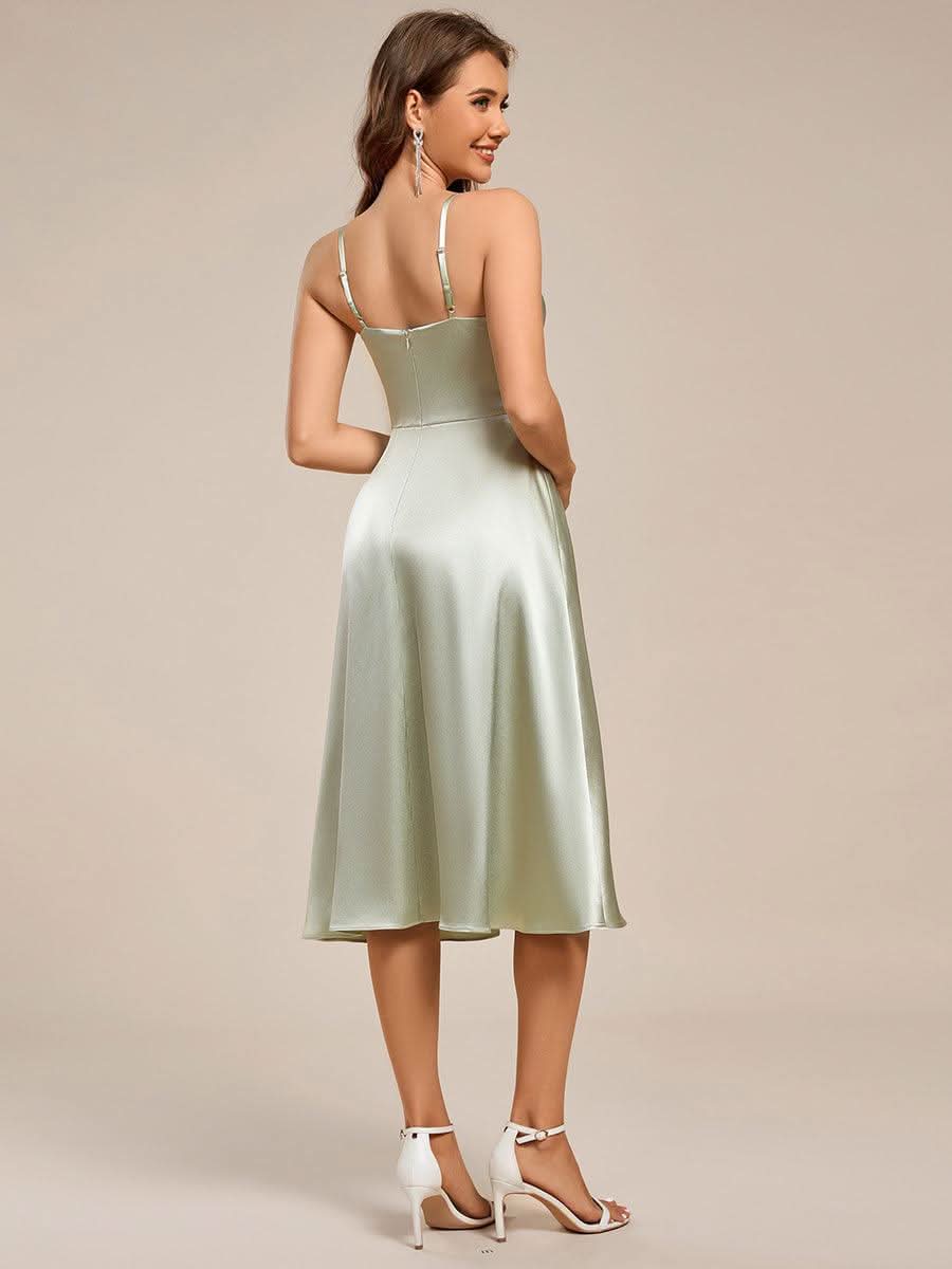 Spaghetti Strap Pleated A-Line Midi Satin Wedding Guest Dress #color_Mint Green