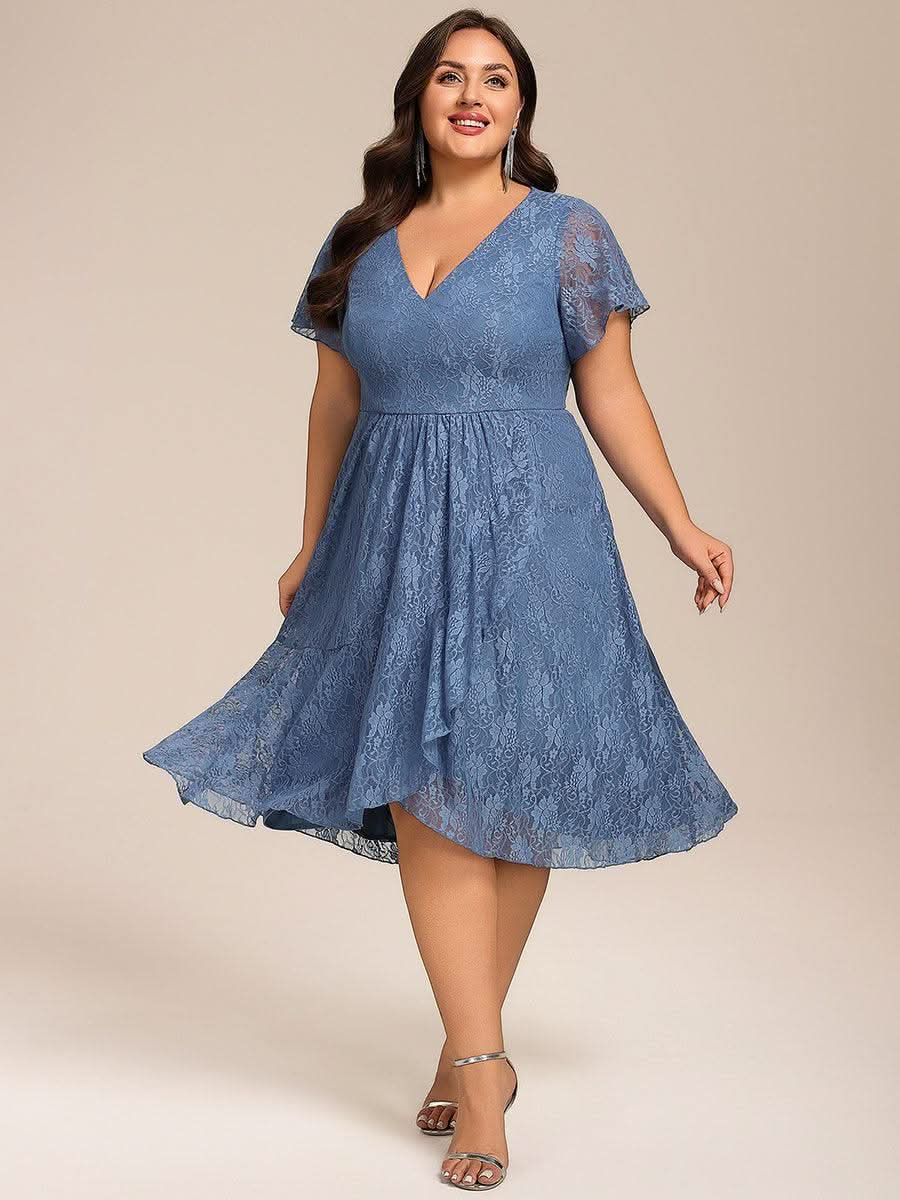 Plus Size Short Sleeve V-Neck A-Line Lace Midi Wedding Guest Dress #color_Dusty Blue