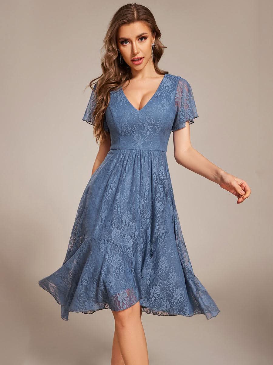 Ruffled Short Sleeves V-Neck A-Line Midi Wedding Guest Dress #color_Dusty Blue
