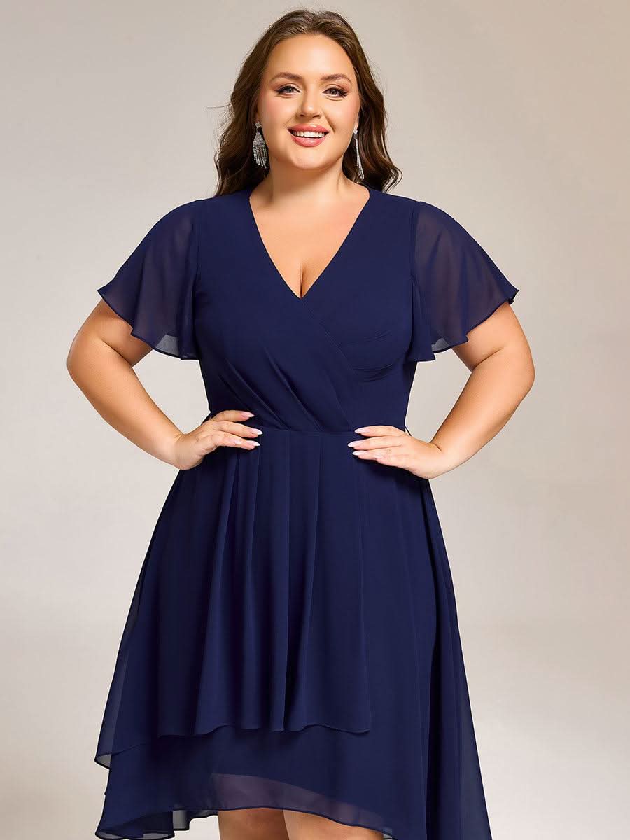 Short Sleeve Ruffled V-Neck Floral Printed Midi Wedding Guest Dress #color_Navy Blue