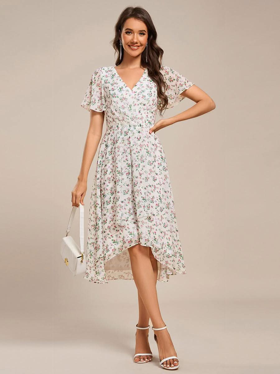 Short Sleeve Ruffled V-Neck Floral Printed Midi Wedding Guest Dress #color_White Floral