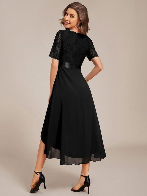 Half Sleeve Pleated V-Neck Lace Midi Wedding Guest Dress #color_Black ever JOLEN|Half Sleeve Pleated V-Neck Lace Midi Wedding Guest Dress