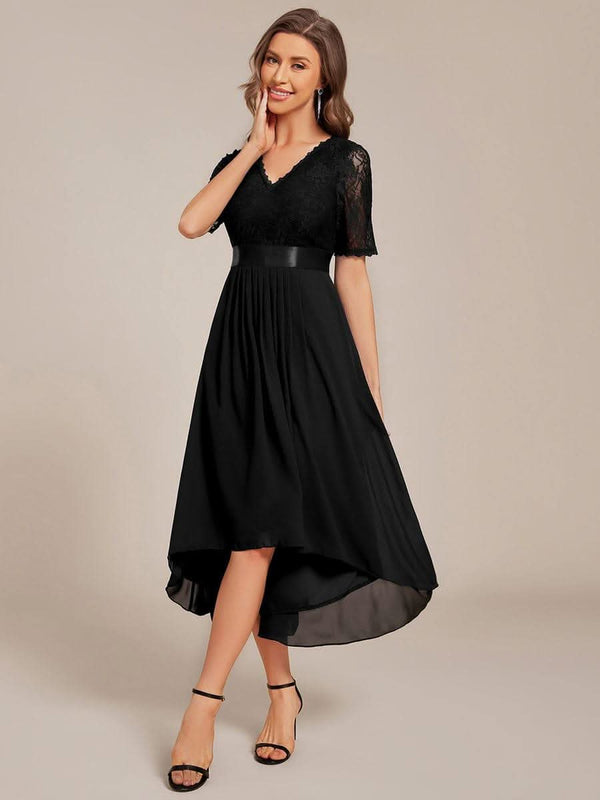 Half Sleeve Pleated V-Neck Lace Midi Wedding Guest Dress #color_Black ever JOLEN|Half Sleeve Pleated V-Neck Lace Midi Wedding Guest Dress