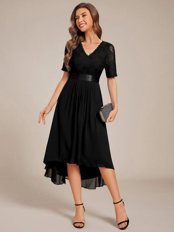 Half Sleeve Pleated V-Neck Lace Midi Wedding Guest Dress #color_Black ever JOLEN|Half Sleeve Pleated V-Neck Lace Midi Wedding Guest Dress