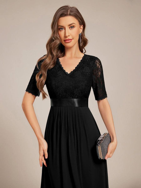 Half Sleeve Pleated V-Neck Lace Midi Wedding Guest Dress #color_Black ever JOLEN|Half Sleeve Pleated V-Neck Lace Midi Wedding Guest Dress