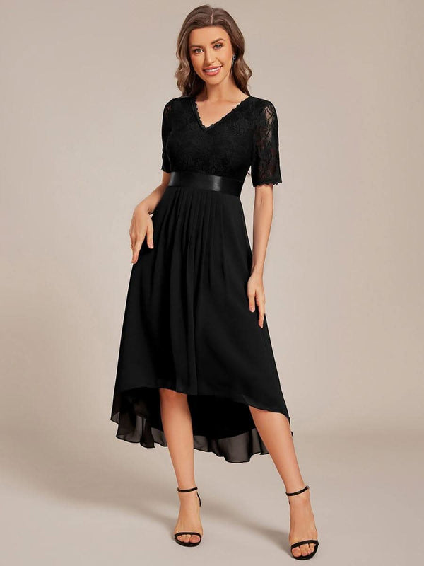 Half Sleeve Pleated V-Neck Lace Midi Wedding Guest Dress #color_Black ever JOLEN|Half Sleeve Pleated V-Neck Lace Midi Wedding Guest Dress
