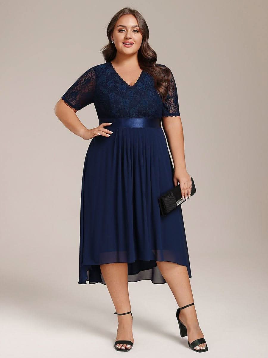Half Sleeve Pleated V-Neck Lace Midi Wedding Guest Dress #color_Navy Blue