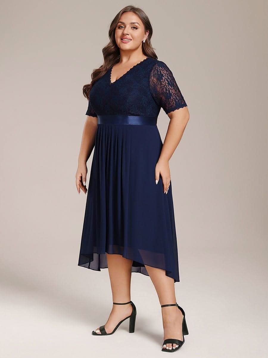 Half Sleeve Pleated V-Neck Lace Midi Wedding Guest Dress #color_Navy Blue