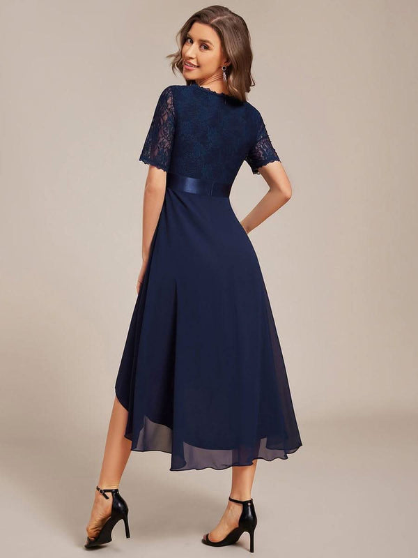 Half Sleeve Pleated V-Neck Lace Midi Wedding Guest Dress #color_Black ever JOLEN|Half Sleeve Pleated V-Neck Lace Midi Wedding Guest Dress