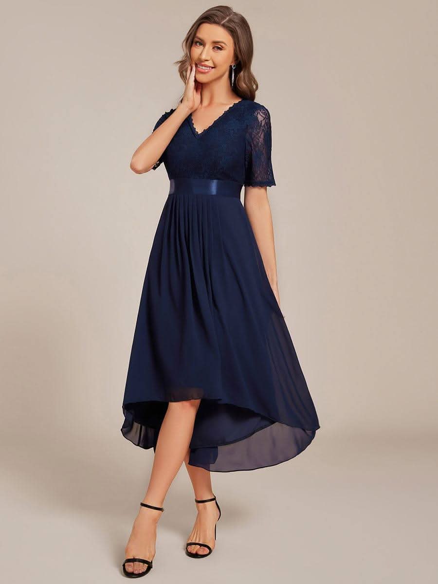 Half Sleeve Pleated V-Neck Lace Midi Wedding Guest Dress #color_Navy Blue