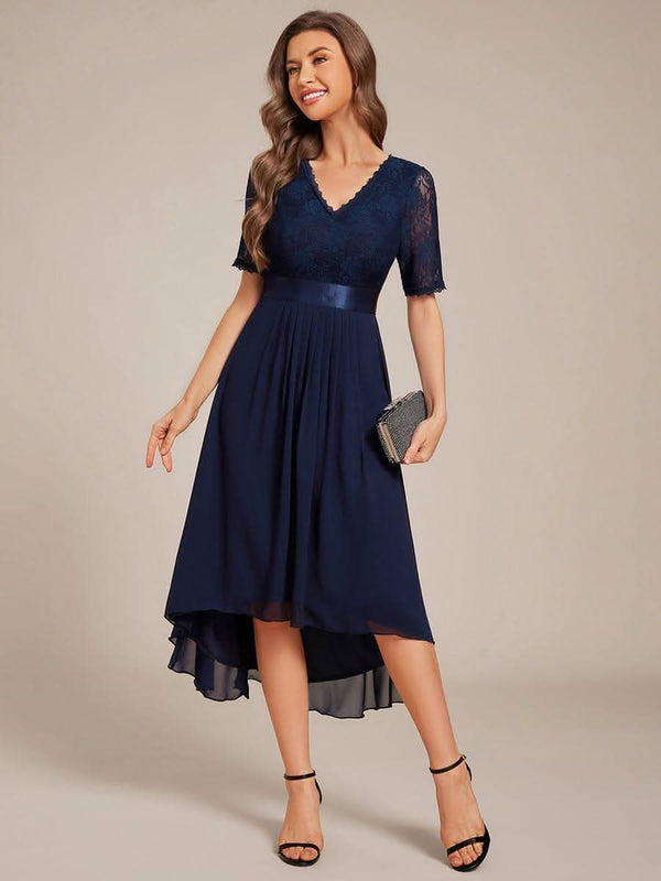 Half Sleeve Pleated V-Neck Lace Midi Wedding Guest Dress #color_Black ever JOLEN|Half Sleeve Pleated V-Neck Lace Midi Wedding Guest Dress