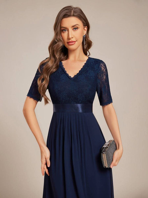 Half Sleeve Pleated V-Neck Lace Midi Wedding Guest Dress #color_Black ever JOLEN|Half Sleeve Pleated V-Neck Lace Midi Wedding Guest Dress