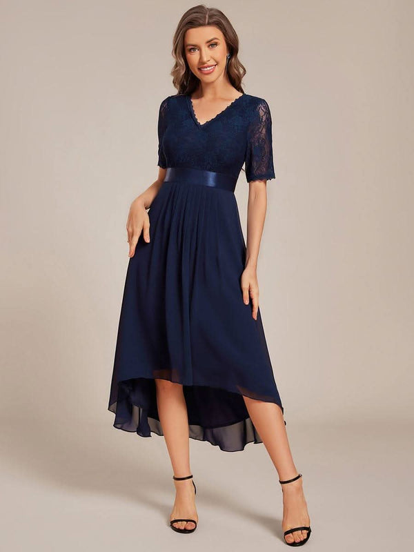 Half Sleeve Pleated V-Neck Lace Midi Wedding Guest Dress #color_Black ever JOLEN|Half Sleeve Pleated V-Neck Lace Midi Wedding Guest Dress
