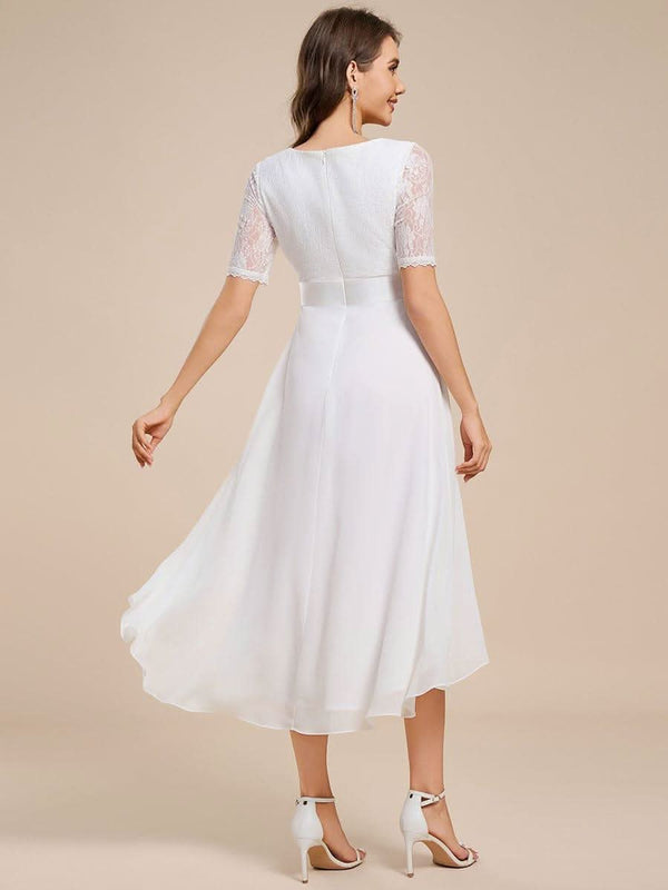 Half Sleeve Pleated V-Neck Lace Midi Wedding Guest Dress #color_Black ever JOLEN|Half Sleeve Pleated V-Neck Lace Midi Wedding Guest Dress