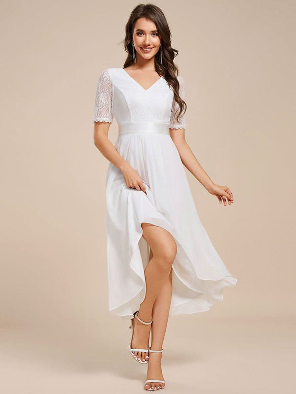 Half Sleeve Pleated V-Neck Lace Midi Wedding Guest Dress #color_Black ever JOLEN|Half Sleeve Pleated V-Neck Lace Midi Wedding Guest Dress