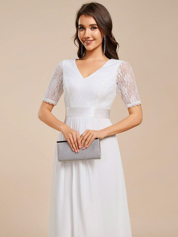 Half Sleeve Pleated V-Neck Lace Midi Wedding Guest Dress #color_Black ever JOLEN|Half Sleeve Pleated V-Neck Lace Midi Wedding Guest Dress