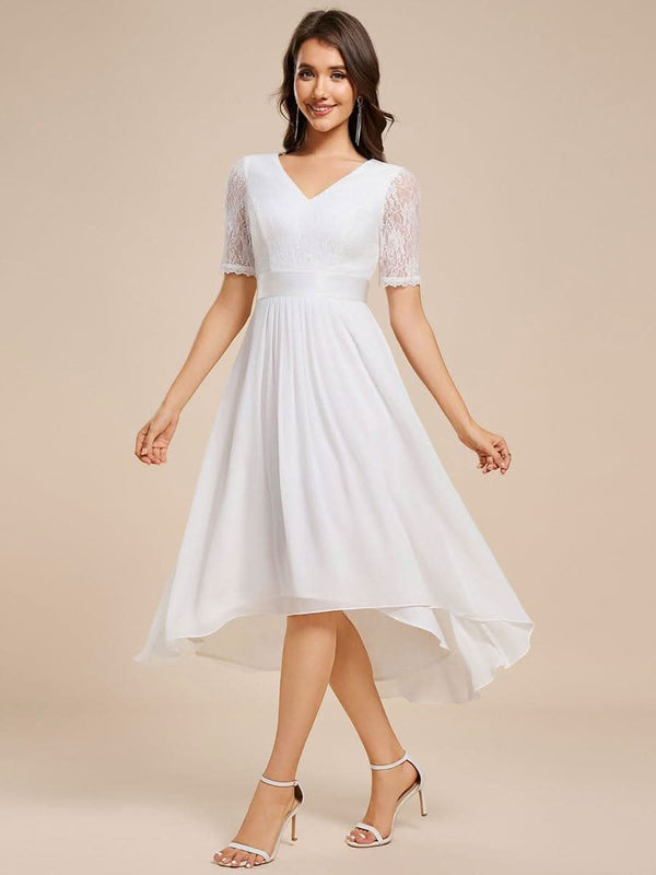 Half Sleeve Pleated V-Neck Lace Midi Wedding Guest Dress #color_Black ever JOLEN|Half Sleeve Pleated V-Neck Lace Midi Wedding Guest Dress