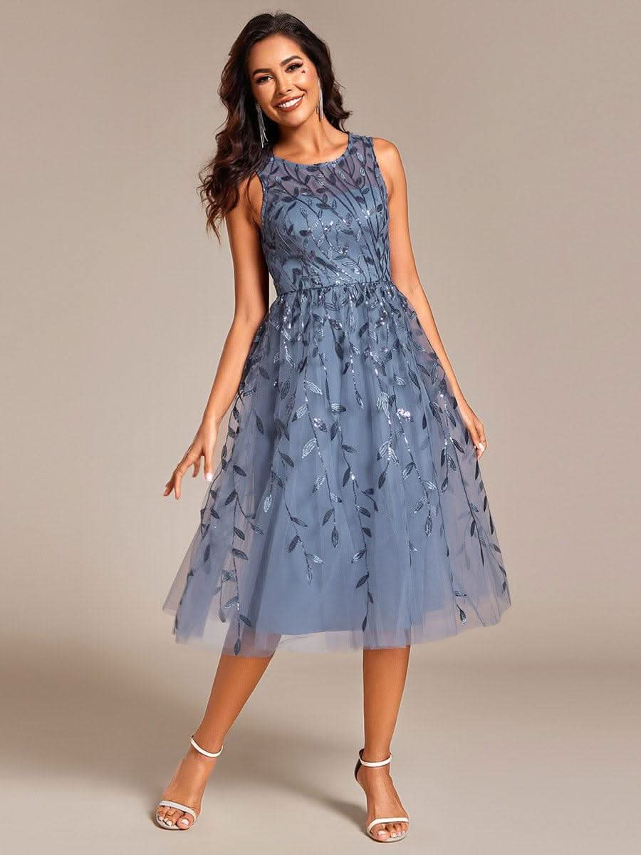 Round Neck Sleeveless Sequin Midi Wedding Guest Dress #color_Dusty Blue
