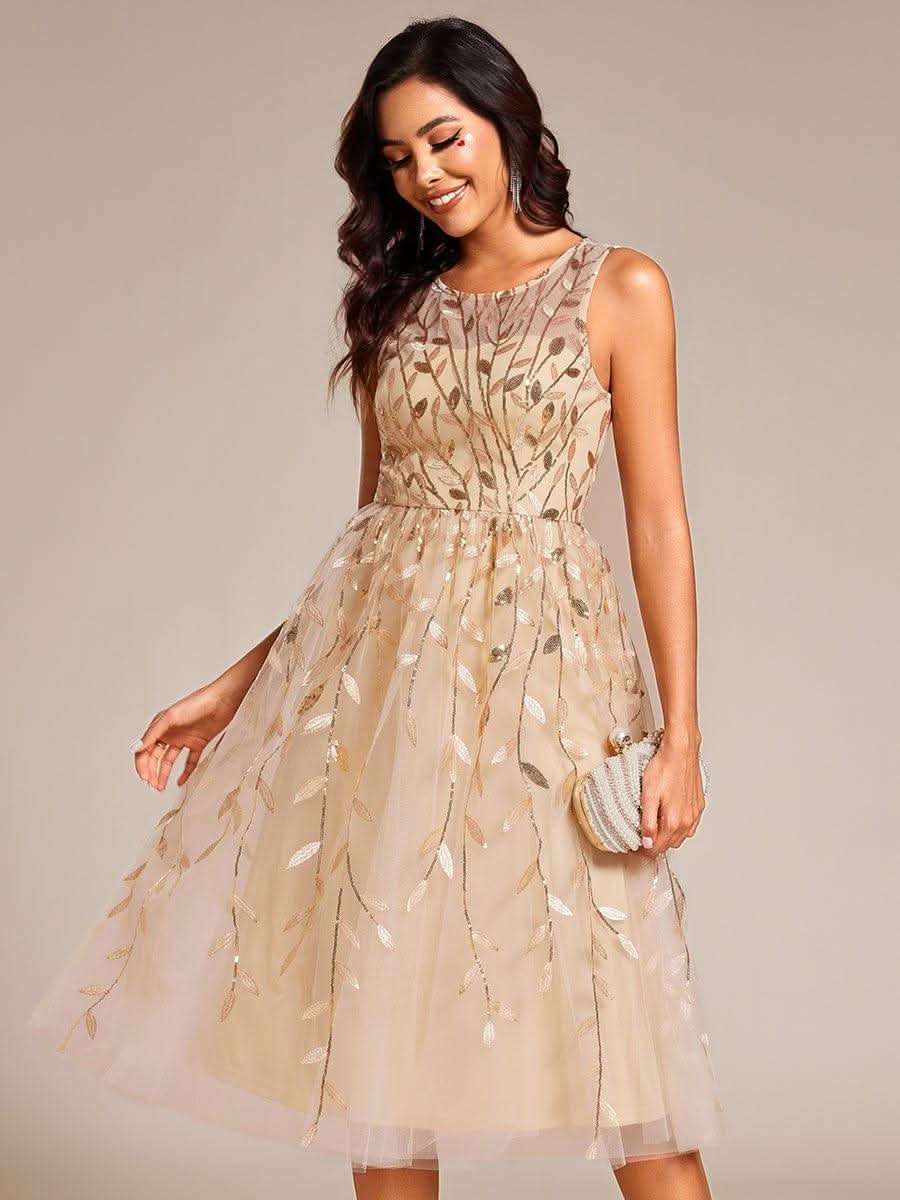Round Neck Sleeveless Sequin Midi Wedding Guest Dress #color_Gold