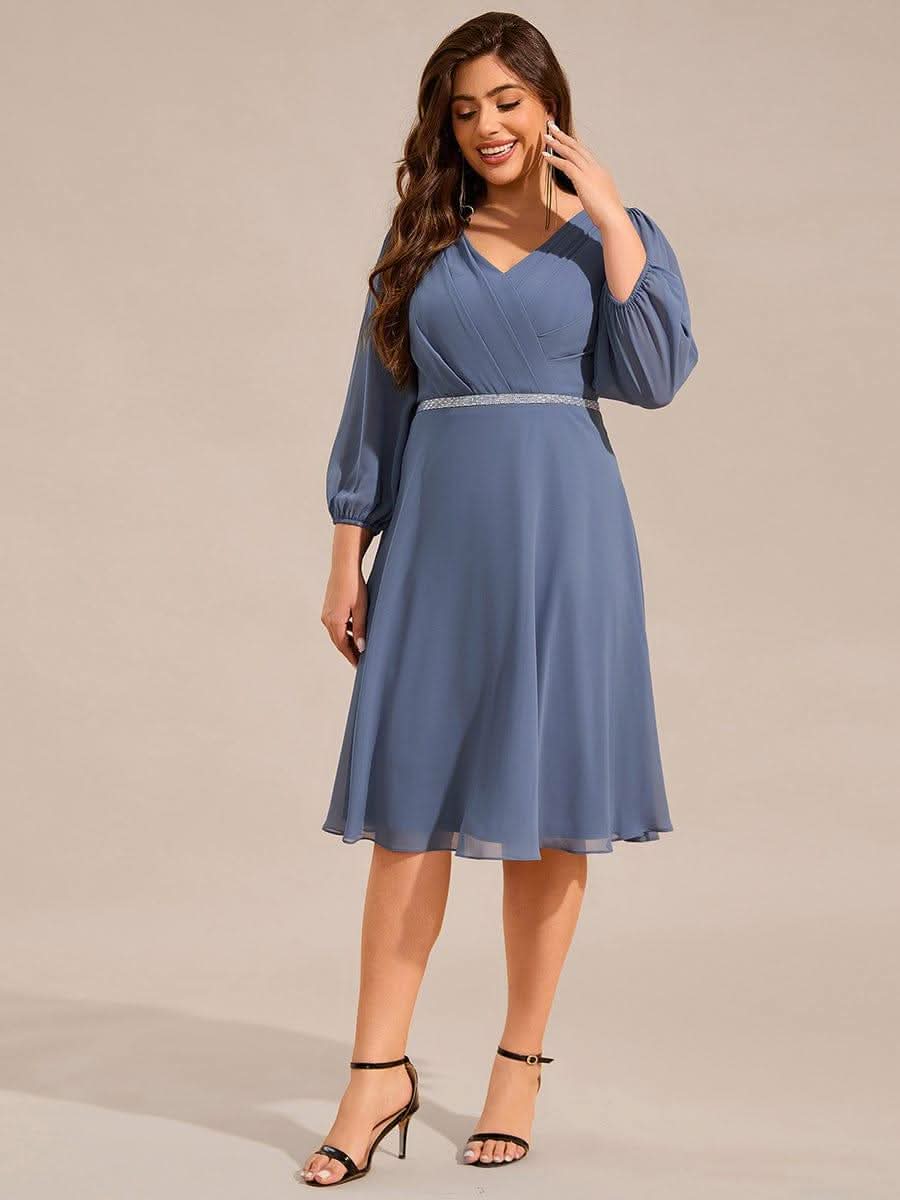 Plus Size Long Sleeve Midi A-Line Wedding Guest Dress with Waist Chain #color_Dusty Blue