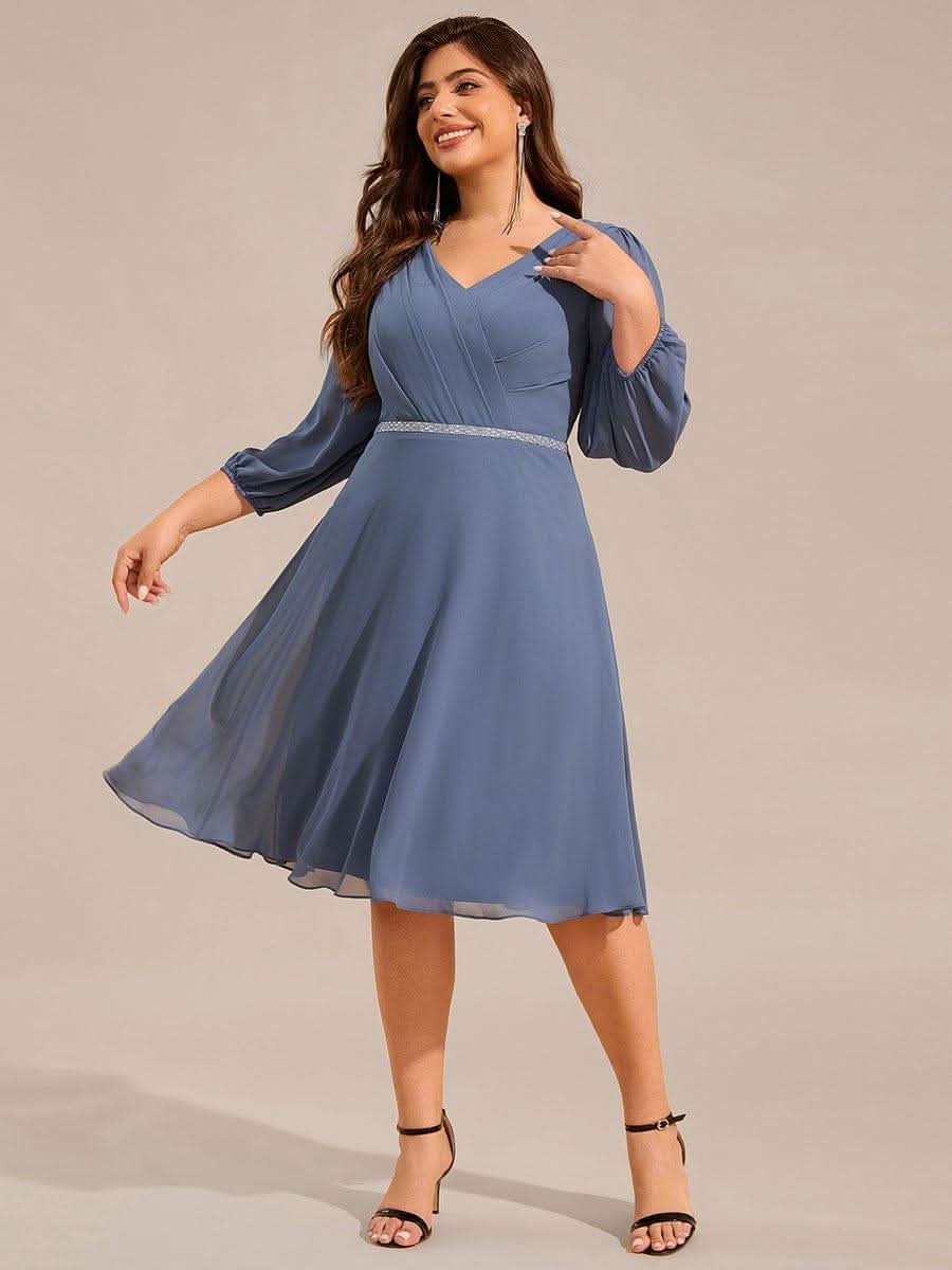 Plus Size Long Sleeve Midi A-Line Wedding Guest Dress with Waist Chain #color_Dusty Blue