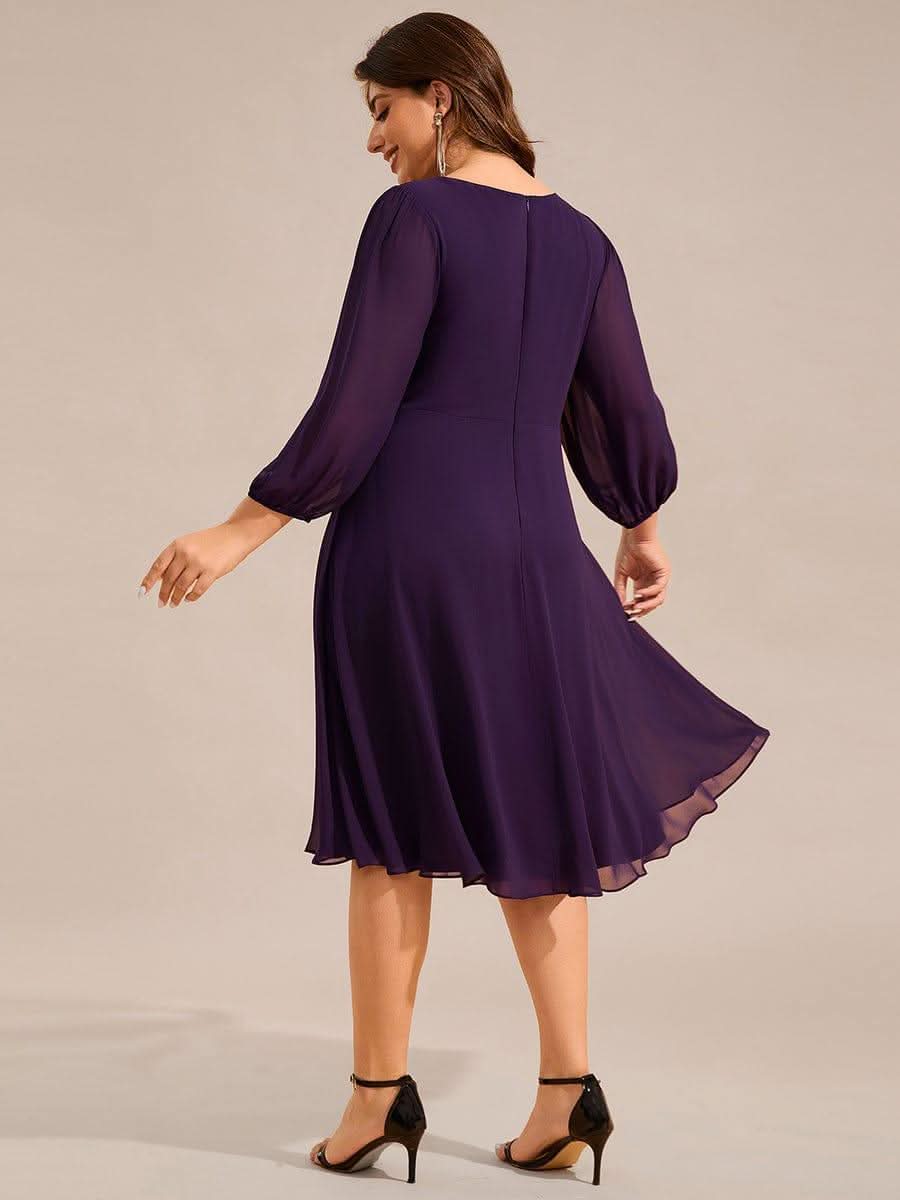 Plus Size Long Sleeve Midi A-Line Wedding Guest Dress with Waist Chain #color_Dark Purple