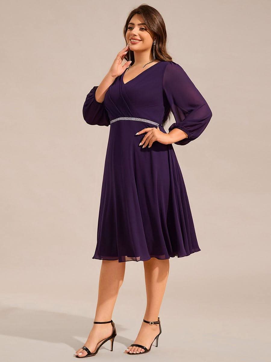 Plus Size Long Sleeve Midi A-Line Wedding Guest Dress with Waist Chain #color_Dark Purple