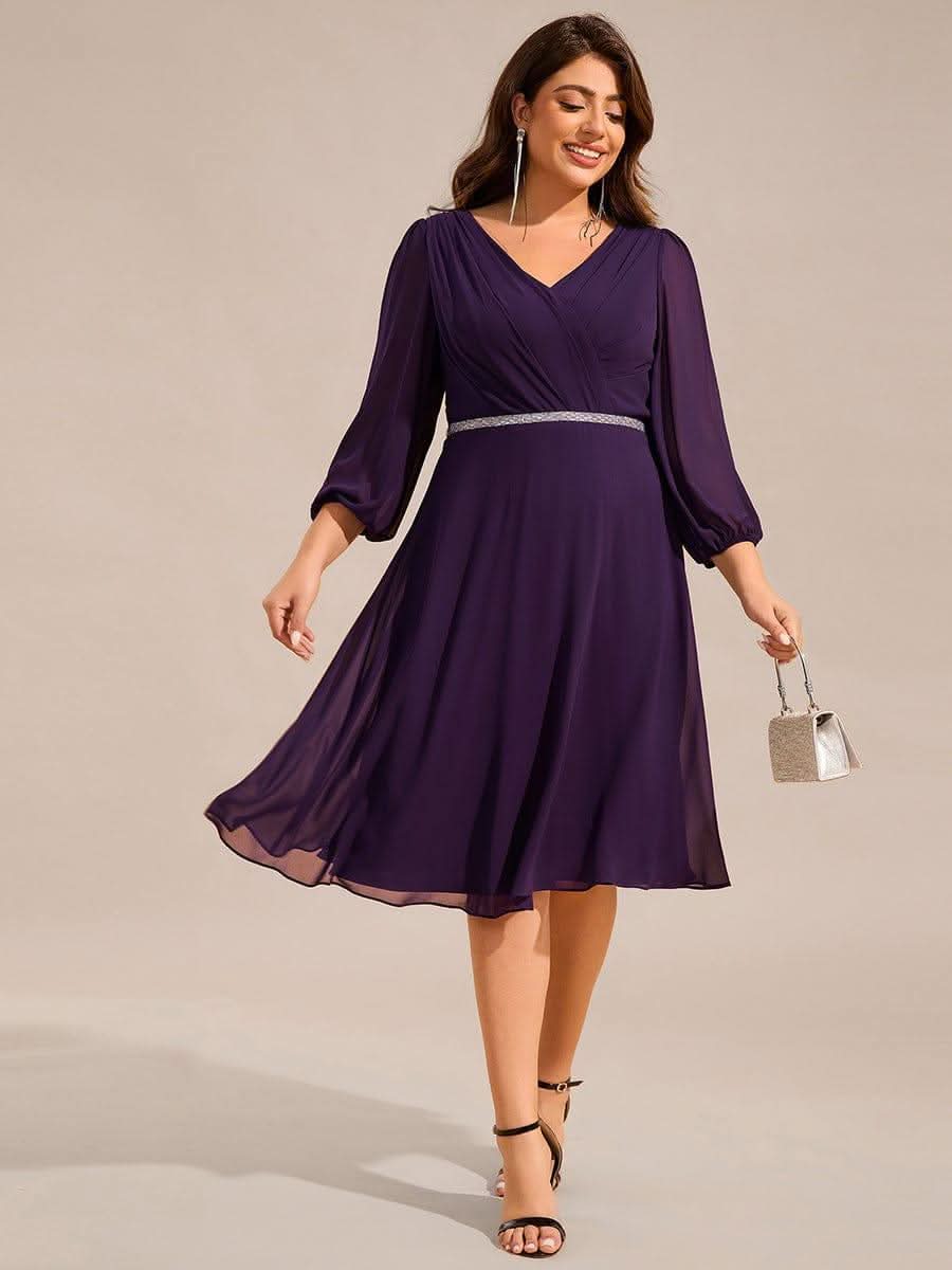 Plus Size Long Sleeve Midi A-Line Wedding Guest Dress with Waist Chain #color_Dark Purple