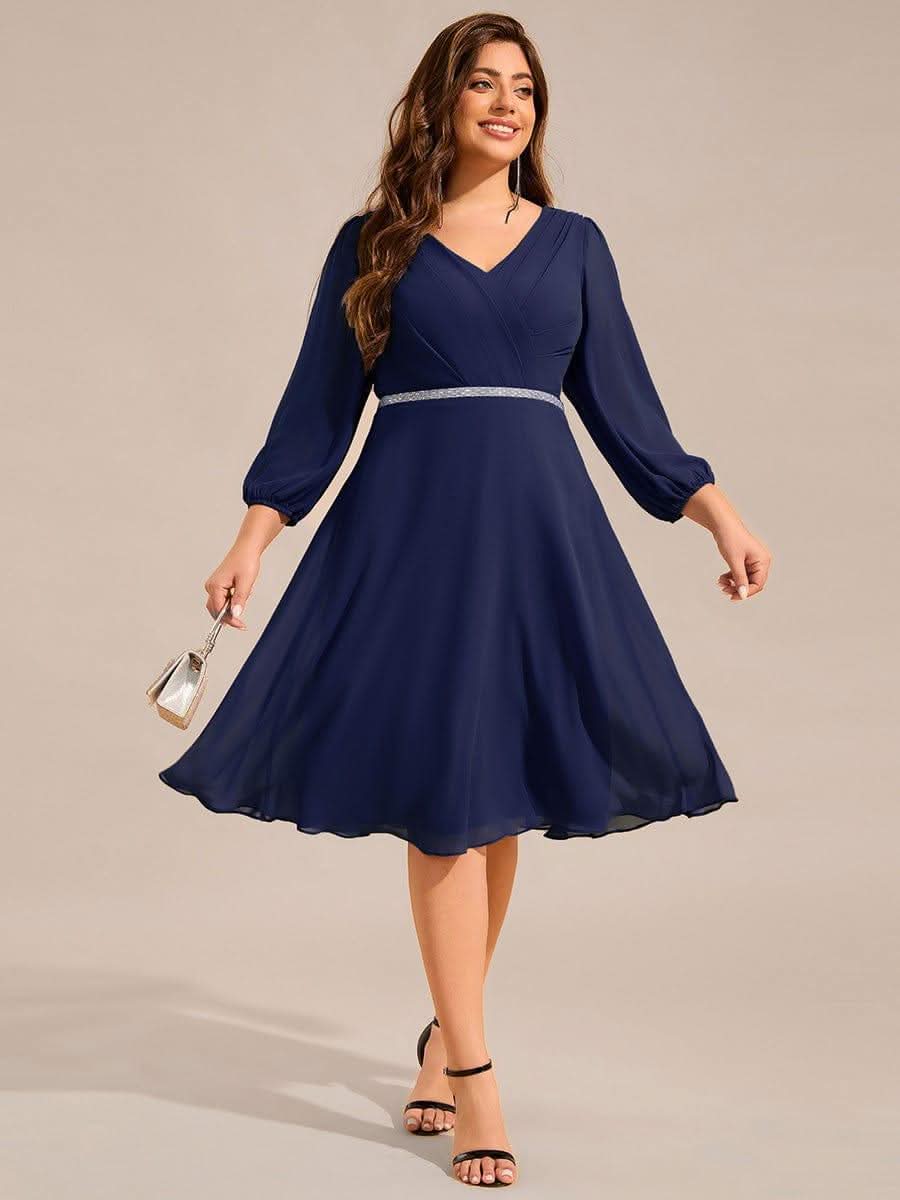 Plus Size Long Sleeve Midi A-Line Wedding Guest Dress with Waist Chain #color_Navy Blue