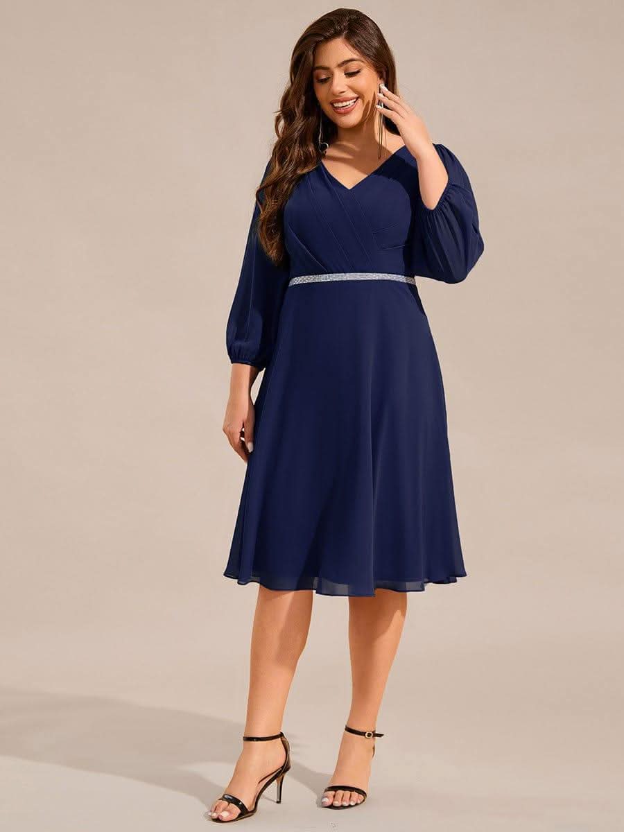 Plus Size Long Sleeve Midi A-Line Wedding Guest Dress with Waist Chain #color_Navy Blue