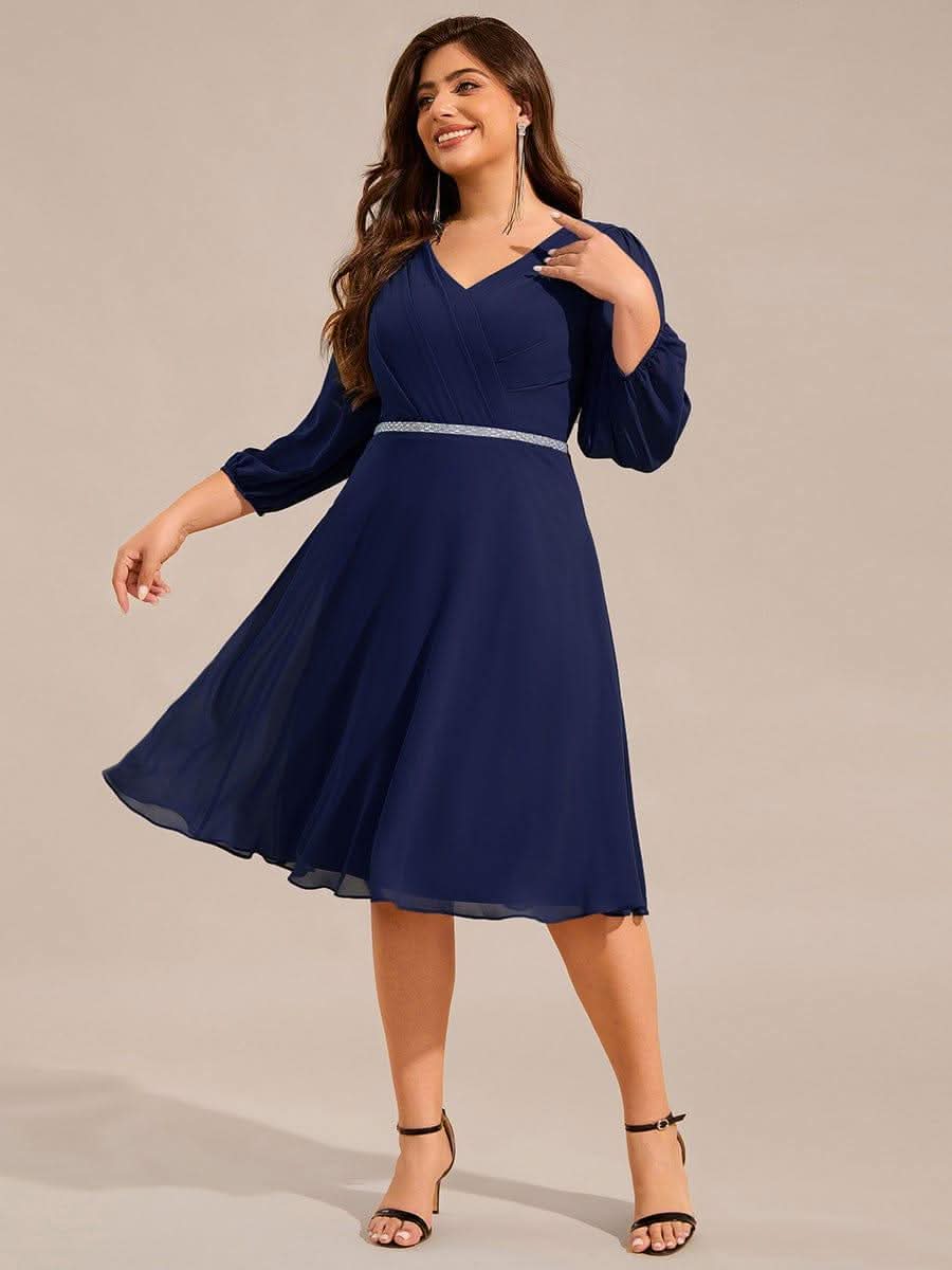 Plus Size Long Sleeve Midi A-Line Wedding Guest Dress with Waist Chain #color_Navy Blue