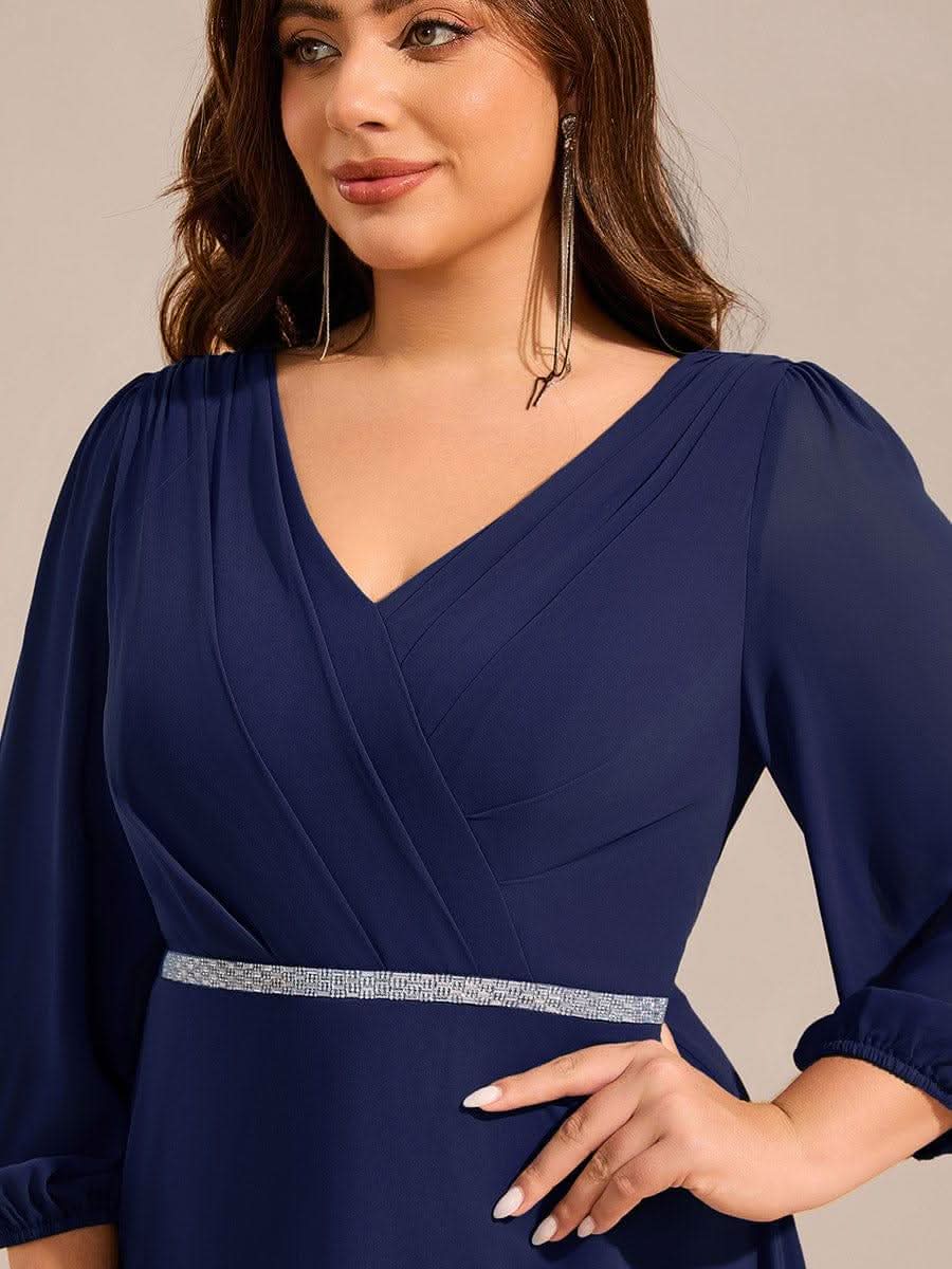 Plus Size Long Sleeve Midi A-Line Wedding Guest Dress with Waist Chain #color_Navy Blue