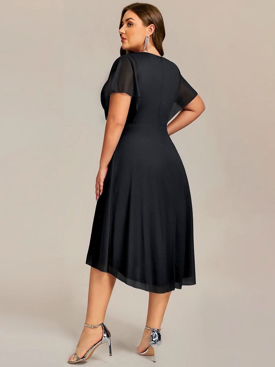 Short Sleeve V-Neck Asymmetrical Midi Wedding Guest Dresses #color_Black
