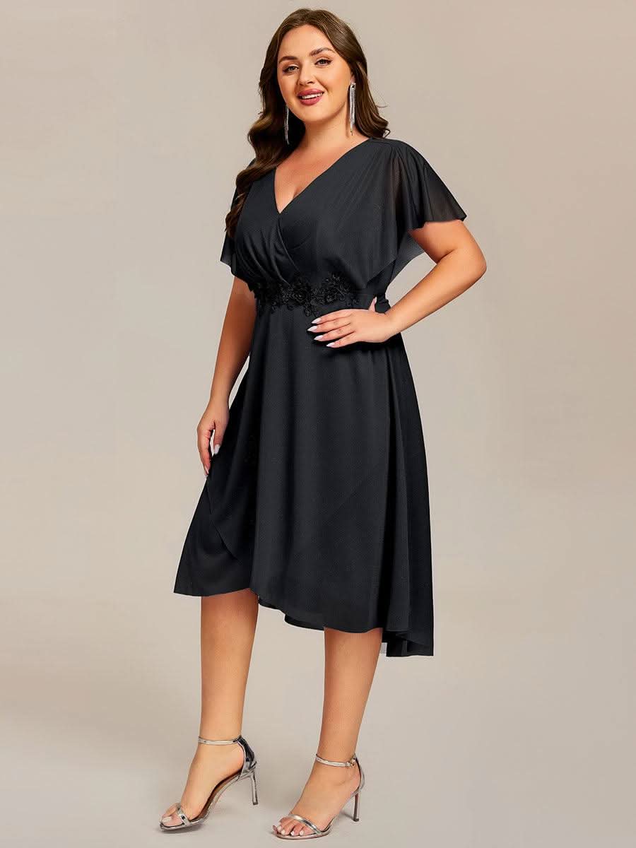 Short Sleeve V-Neck Asymmetrical Midi Wedding Guest Dresses #color_Black