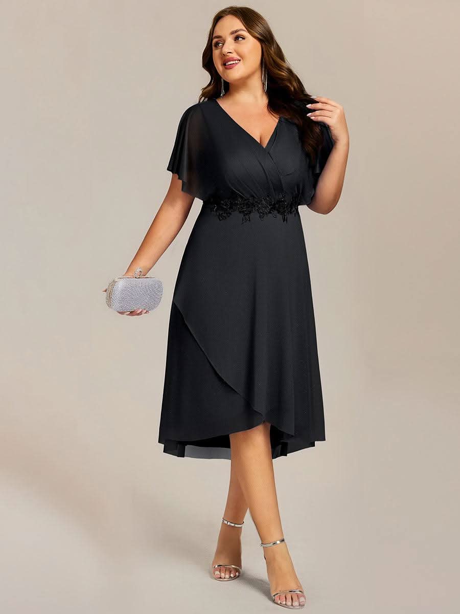 Short Sleeve V-Neck Asymmetrical Midi Wedding Guest Dresses #color_Black
