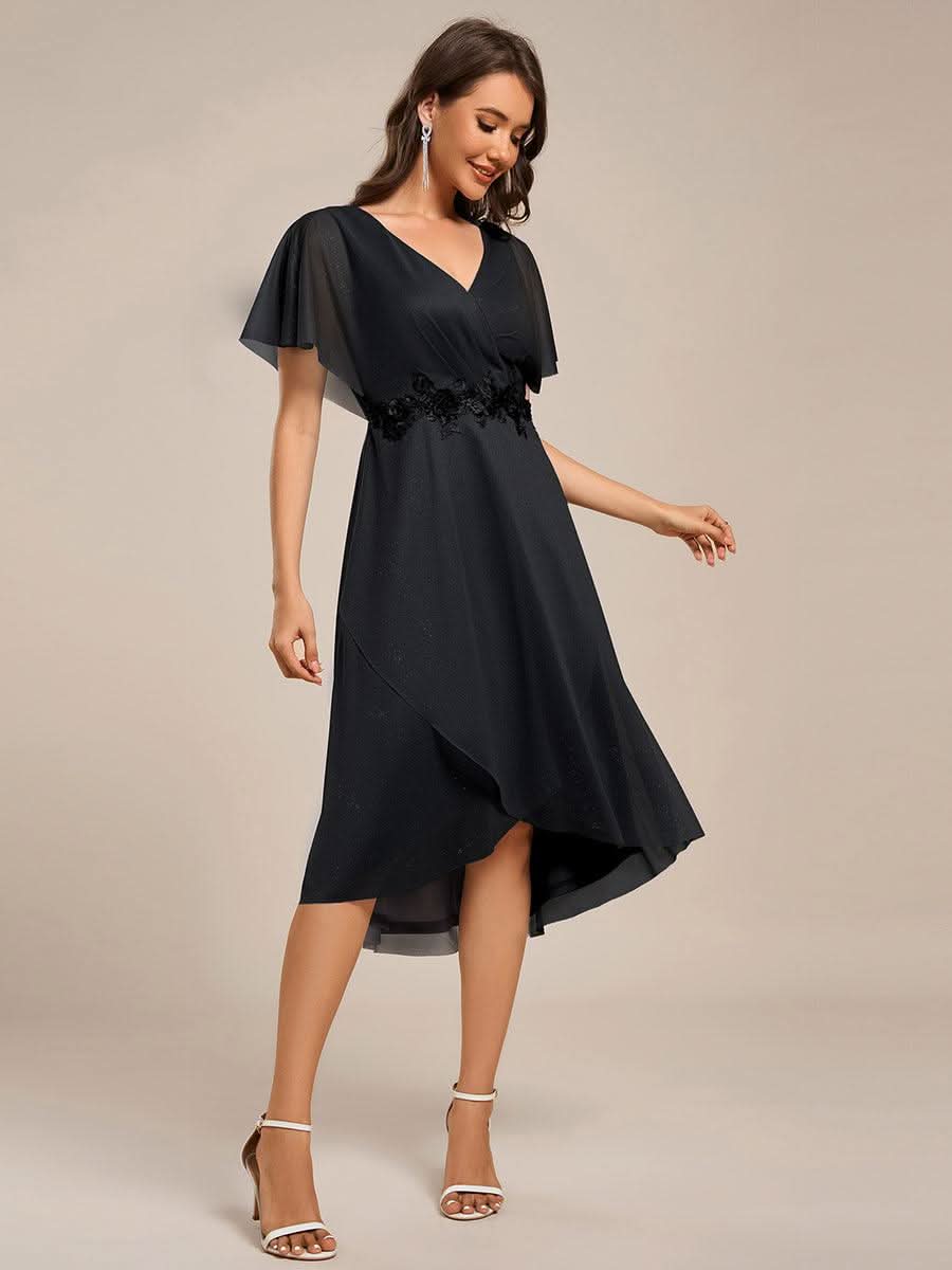 Short Sleeve V-Neck Asymmetrical Midi Wedding Guest Dresses #color_Black