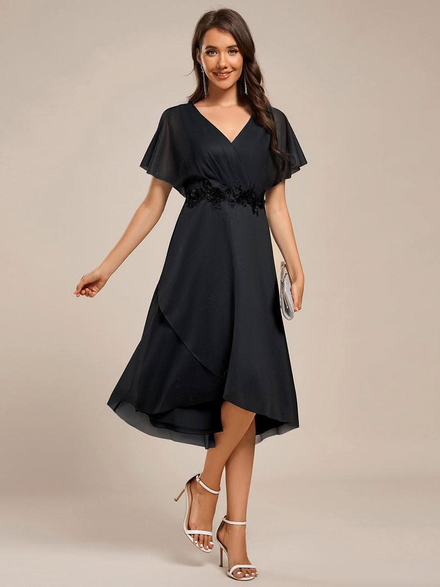 Short Sleeve V-Neck Asymmetrical Midi Wedding Guest Dresses #color_Black