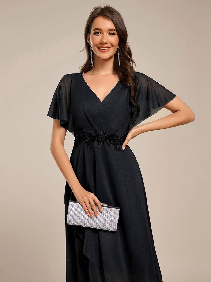 Short Sleeve V-Neck Asymmetrical Midi Wedding Guest Dresses #color_Black