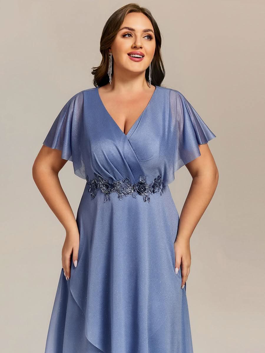 Plus Size Short Sleeve Asymmetrical Hem V-Neck Applique Wedding Guest Dresses #color_Dusty Blue