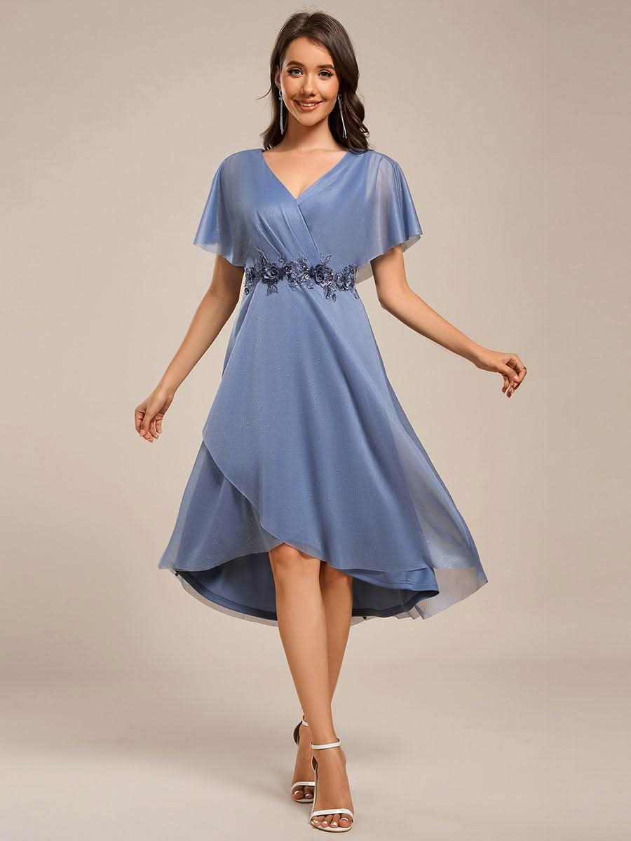 Short Sleeve V-Neck Asymmetrical Midi Wedding Guest Dresses #color_Dusty Blue