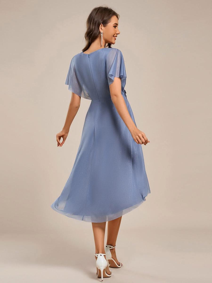 Short Sleeve V-Neck Asymmetrical Midi Wedding Guest Dresses #color_Dusty Blue