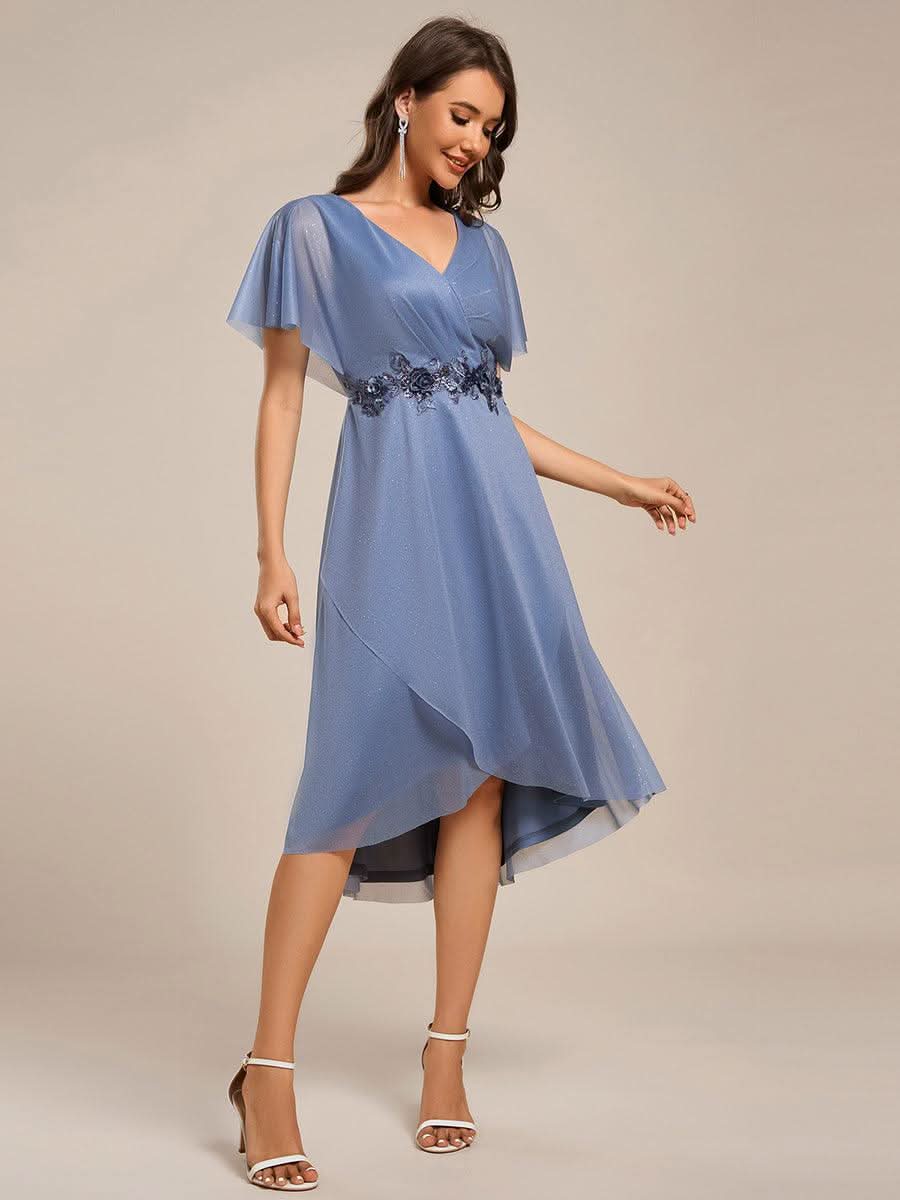 Short Sleeve V-Neck Asymmetrical Midi Wedding Guest Dresses #color_Dusty Blue